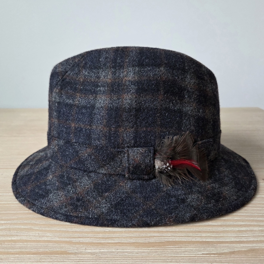 Shandon Of Ireland Brown Plaid Wool Bucket Hat Feather Detail Mens Size Large